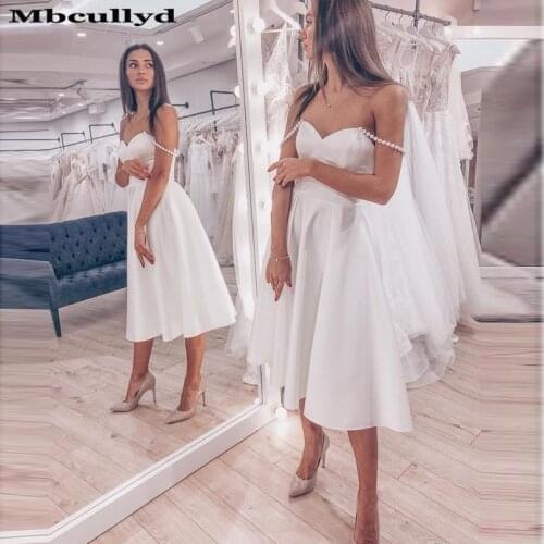 Mbcullyd Knee Length Short Wedding Dresses 2020 Elegant A Line Bohemia Beach Dresses Bridal For Women Pearls Vestido De Noiva