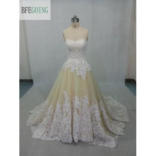 Champagne Tulle White Lace A-line Wedding dress Chapel Train Sweetheart Lace up Bridal Gowns Real /Original Photos