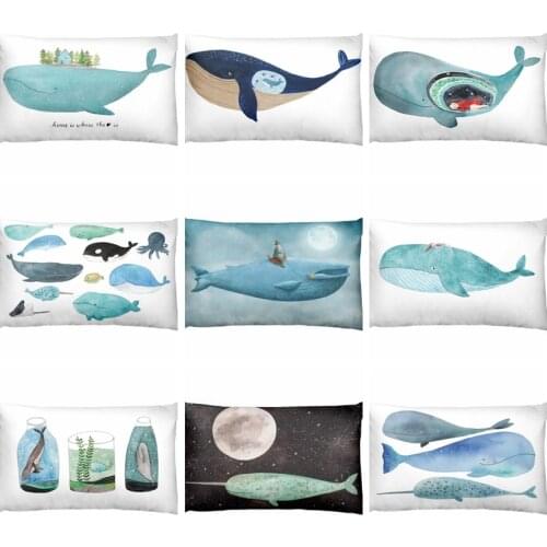 Nordic Ocean Illustration Printed Waist Pillowcase Cartoon Whale Linen Cushion Decorative Home Decor Sofa Throw Pillow 50*30cm