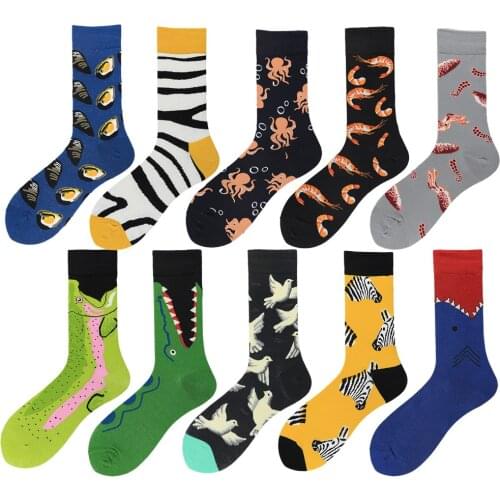 PEONFLY Men Happy Socks High Quality Combed Cotton Shark Crocodile Zebra Sokken Cartoon Animals Funny Casual Calcetines Hombre