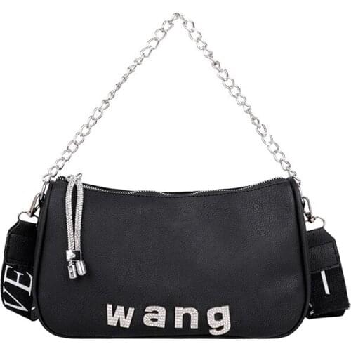 2021 New Rhinestone Letter Single Shoulder Armpit Bag for Women Autumn and Winter Fashion Wide Shoulder Strap Chain Baguette Bag