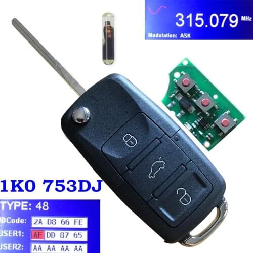 New 3 Buttons 315MHz ID48 Chip Flip Remote Control Key Fob 1J0 959 753 DJ for Volkswagen 1J0959753DJ