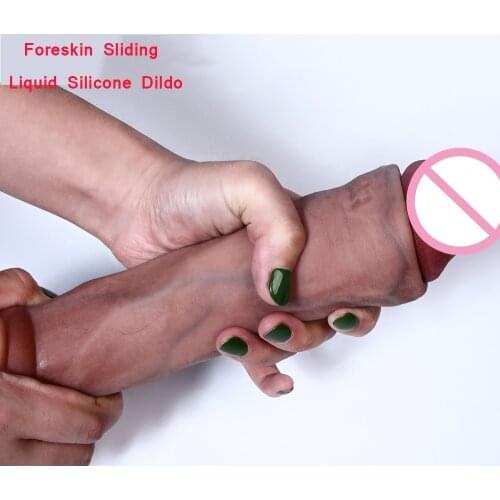 New Foreskin Sliding Realistic Dildo Liquid Silicone Huge Dildo 18.5cm Big Dick, Suction Cup Penis Artificial Sex Toys For Woman