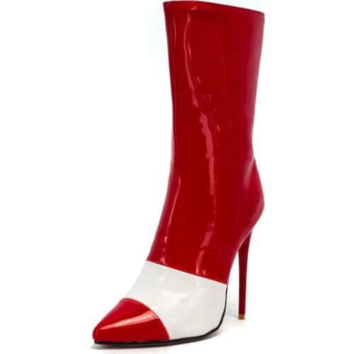Pointed Stiletto Patent Leather Color Matching Super High Heel Mid-Calf Boots Pole Dance Sexy Stitching High Heels