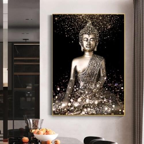 Religious Buddha Metal Statue Canvas Painting Abstract Buddhism Poster and Prints Wall Art Pictures for Living Room Home Decor
