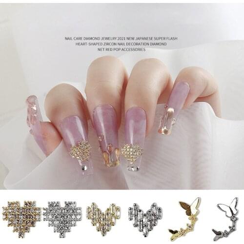 2Pcs Luxury Zircon Nail Art Jewelry Heart Butterfly Gold Silver Nail Charms 3D Cyrstal Rhinestones UV Gel Shiny DIY Stones