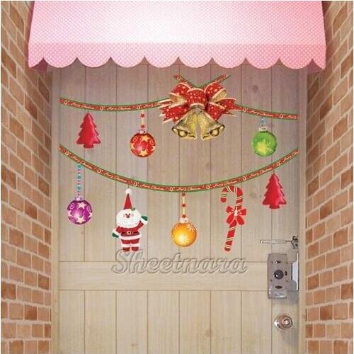 Self-adhesive Christmas Decoration Wall Sticker Santa Claus Snowman Christmas Bells Ribbons Free Shipping