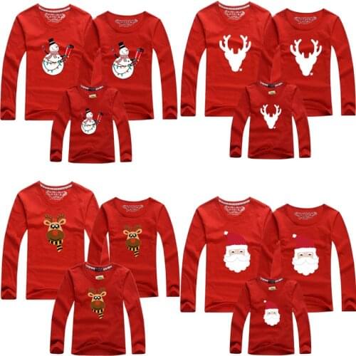 Family Christmas Matching Clothes Full Sleeve Mother Daughter T-shirts Elf Santa Claus Reindeer Elk Print Tees Red Pajamas Top