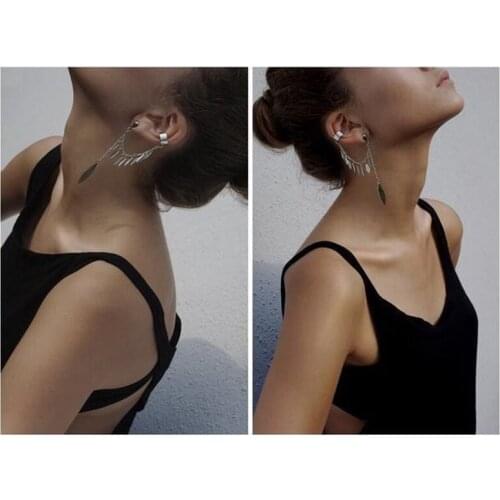 2020 New Trendy Geometric Stitching Long Tassel Dangle Earrings for Women Texture Exaggerated Ear Bone Clip Female Jewelry