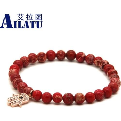 Ailatu Turkish Religious Fatima Hand Unisex Bracelet 6mm Red Sea Sediment Imperial Stone Beads Micro Inlay Zircons Hamsa Pendant