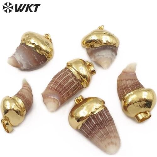 WT-JP136 WKT Natural Astroies Pendant Tooth Shape Pendant With Gold Capped Real Coral Fossils Jewelry Women Fashion