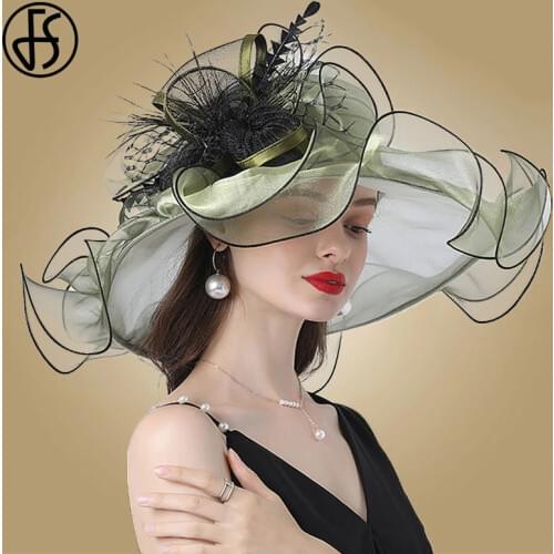 FS Fashion Hat For Women Kentucky Derby Pink Organza Hats Ladies Tea Party Wedding Large Wide Brim Fascinator Vintage Fedoras
