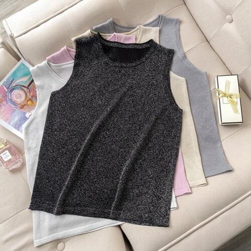 Women knitted Tank Tops summer glitter sleeveless vest casual basic knit tops shiny o-neck Female Ice Silk new plus size t-shirt