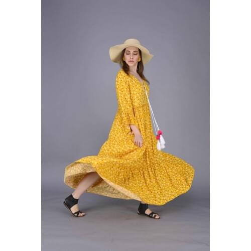 Daisy Pattern Tasseled Collar Yellow Color Long Boho Dress 2021 New Fashion Bohemian Style Womens Holiday Wear Xs To 4xl