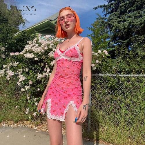 Women Lace Up Cherry Dot Print Sexy Dress Slip Cute Girl Pink Mini Vestidos Sleeveless V Neck Bodycon Femme Spaghetti Strap
