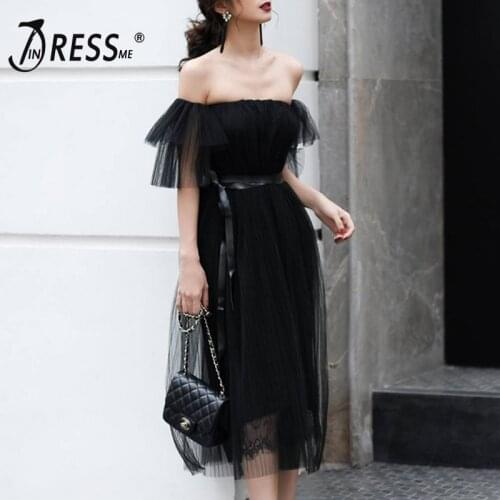 INDRESSME Elegant Summer Women Dress Puff Sleeve Mesh Slash Neck Knee Length Ball Grown Solid Party Club Dress Sexy Dress 2019