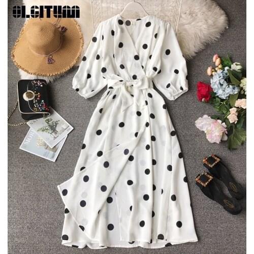 Vintage Robe Women Dot Dress Summer 2020 Holiday Wind V-neck Puff Sleeve Slim Dress Female A-line Beach Robe Vestidos Femme