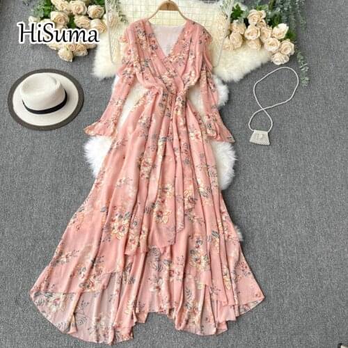2021 summer new women Retro V-neck flare sleeve ruffles print chiffon A-line dress female Chic elegant irregular waist dresses