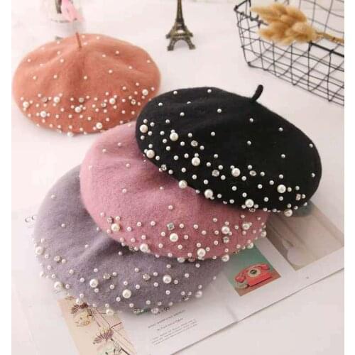Beret hat women wool solid color beret pearl retro hat retro plain beret hat warm hat elegant ladies winter hat