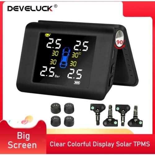 Develuck TPMS Wireless Car Tire Pressure Monitoring Intelligent System Solar Power LED Display Auto Alarm NEW Big Screen Sensor