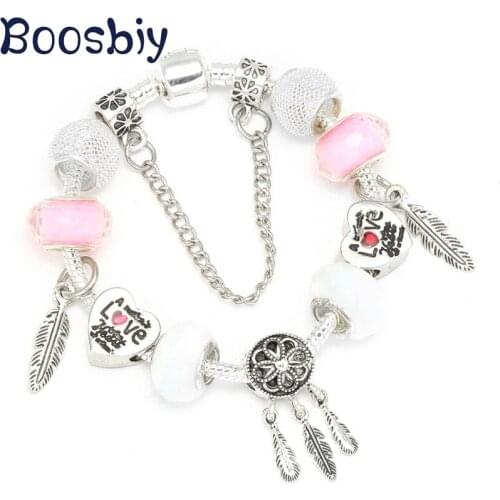 Boosbiy Silver Color Dream Catcher Pendant Charm Bracelets With Feather Beads Bracelet for Women Wedding Vintage Jewelry