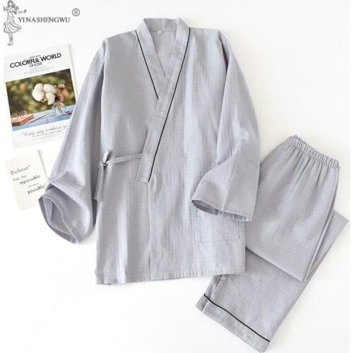 Men Traditional Japanese Pajamas Set Cotton Robe Pants Kimono Haori Yukata Nightgown Japan Style Soft Gown Sleepwear Obi Outfit