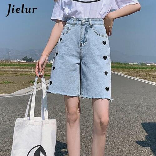 Jielur High Waist Love Embroidery Denim Short for Women Loose Knee Length Jeans Woman Summer New Pocket Blue Shorts Femme XS-XXL