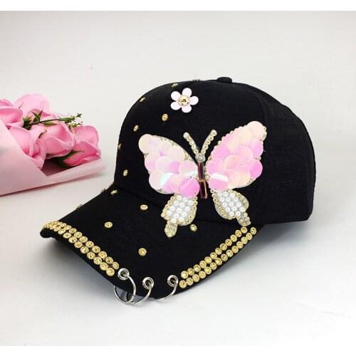 Hat woman spring and autumn butterfly sequin water drill three rings mercerized baseball cap Free Shipping