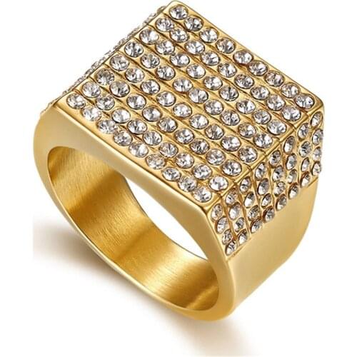 Hip Hop Geometry Rhinestone Iced Out Ring Gold Color Bling Stainless Steel Square Rings for Men Party Jewelry Gift Dropshipping