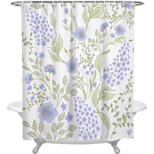 Petals Stamens Green Blue Leaves Bathroom Shower Curtain Polyester Fabric Waterproof Shower Curtains with Hooks