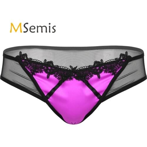 Gay Mens Lingerie Lace Trim Satin Patchwork Briefs Low Rise Elastic Waistband Sissy Underwear See-through Mesh Back Underpants