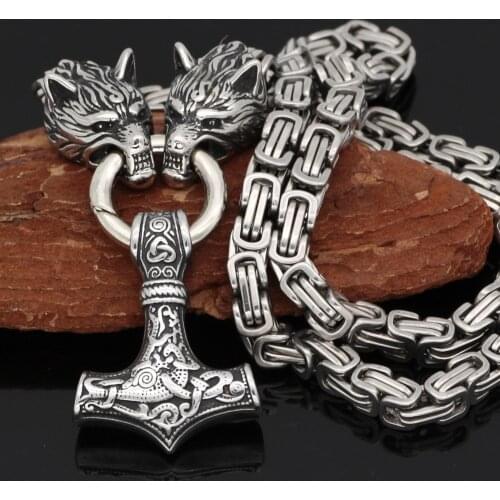 Men stainless steel Wolf head norse viking amulet thor hammer pendant necklace viking king chain