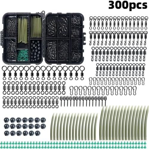300Pcs/Box Carp Fishing Tackle Kit Including Anti Tangle Sleeves Hook Stop Beads Boilie Bait Screw Rolling Swivel Snaps