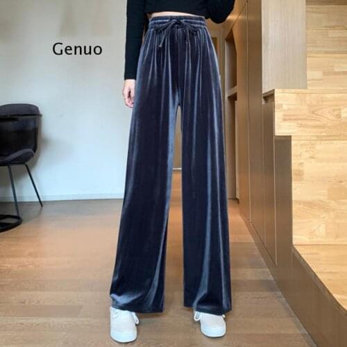 New Autumn High Waist Drawstring Casual Pants Women Fashion Velet Loose Trousers Female Solid Wide Leg Streetwear Pants