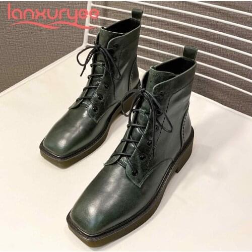 Lanxuryee 2021 new arrival short boots real cow leather all-match square toe thick med heel lace up daily wear ankle boots L06