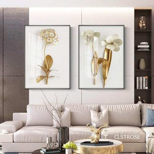 White Background Art Simple Golden Flowers Nordic Modern Style Posters Canvas Pictures For Living Room Decor Painting Unframed