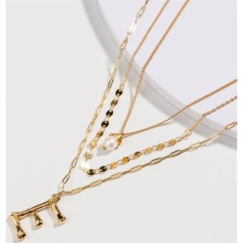 Luxurious Gold Alloy Letter Pendant Long Chain Necklace Natural Freshwater Pearl Pendant Lady 3-Multi-layer Necklace Jewelry