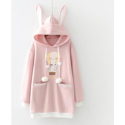 Cute Bunny Ear Hoodie Sweatshirt Women Kawaii Cartoon Fleece Long Sleeve Dress Mori Girls Casual Pullover Pink Clothes