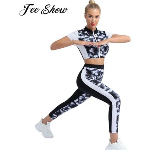 2Pcs Women Sports Set Tracksuit Sportswear Stand Collar T-shirt and High Waist Pants Stretchy Sport Suit for Running Gym Workout