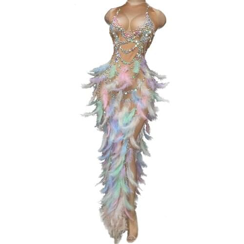 Nightclub Party Celebration Women Elastic Sleeveless Prom Dress Stage Performance Outfit Feather Rhinestone Dress