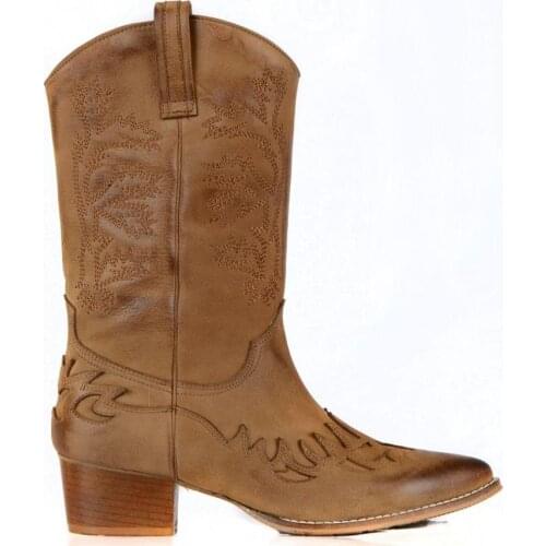 FootCourt- Tan Genuine Leather Fashion Luxury Tobacco Coloured Boots Western Style Boots Mid- Calf Boots Embroidered Shoes