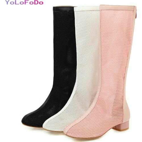 2021 Summer Women Knee High Boots Mesh PU Leather Calf Boots Comfortable Square Heel Shopping Womans Shoes Black Red Pink