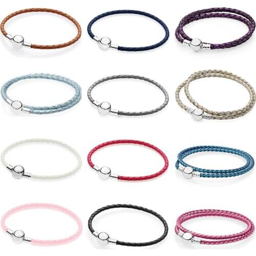 NEW Fashion 925 Sterling Silver Multicolor Mixed Powder Blue Women Double-Leather Bracelet Fit Charm DIY Original Round Bead