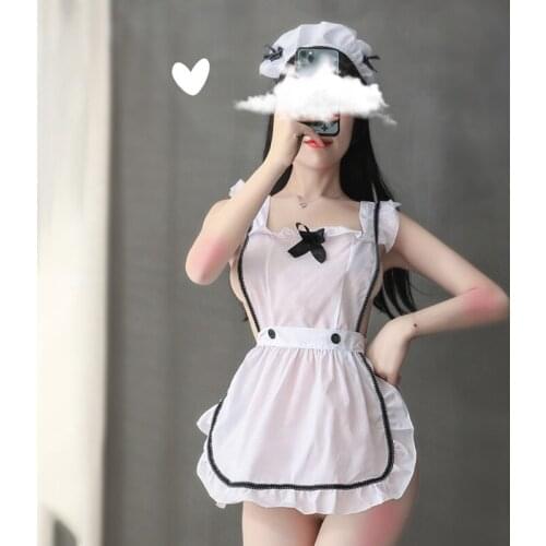 Womens Sexy French Maid Cosplay Costume Lingerie Set Ruffled Sleeveless Apron Dress with Headband G-String Lolita Uniform Outfit
