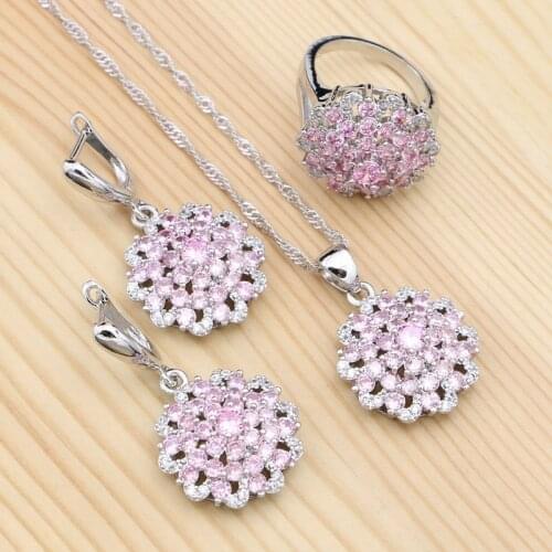 Womans 925 Silver Bridal Jewelry Sets Pink Cubic Zirconia Trendy Pendant Necklace Ring Earrings Set