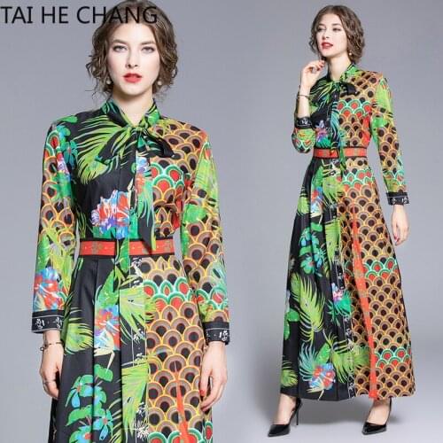 Women Dress New Fashion Retro Spring Summer Elegant Slim Bodycon Vintage Party Runway Print Shirt Office Work Maxi Dresses
