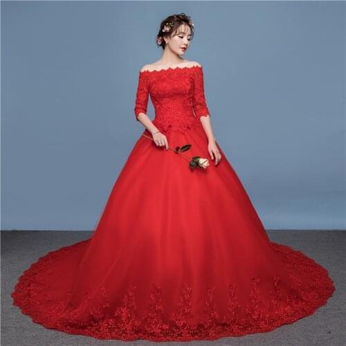 Wedding Dress Off The Shoulder Elegant Red Boat Neck Embroidery Half Sleeves Floor-Length Plus Size Wedding Gowns For Women G193