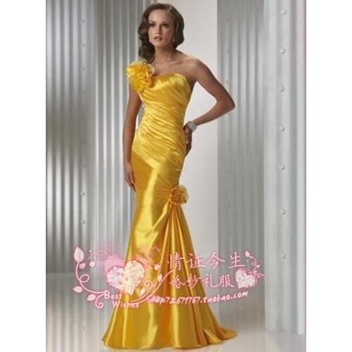 2018 new fashion sexy festa flowers one shoulder vestido de festa gold long Formal evening gown Mother of the Bride Dresses