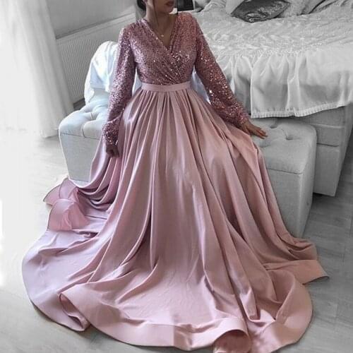 Pink V-Neck Long Sleeve Formal Dress Women Elegant Sequin Bodice Satin Skirt A-Line Plus Size Evening Dresses Robe Soiree