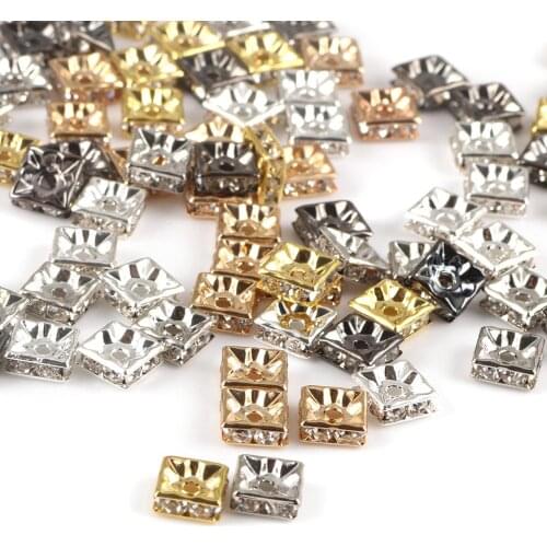 50pcs Gold Silver Plated Square Rhinestone Rondelles Crystal Bead 6/8mm Loose Beads for DIY Jewelry Making Accessories Supplies